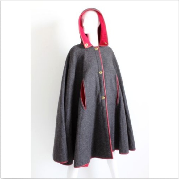 Bonnie Cashin Cape with Hood Charcoal Wool Cherry Red Leather Trim Vintage 60s - Picture 3 of 8